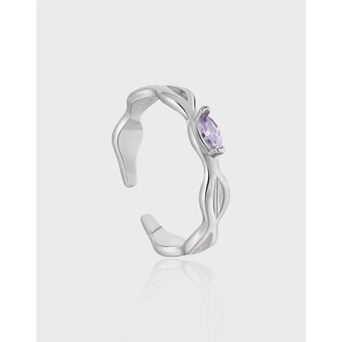 925 Sterling Silver Purple Zirconia Geometric Open Ring For Women Minimalist Chic Adjustable Rhombus Inlaid Finger Ring Jewelry