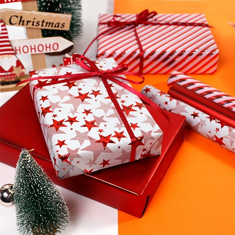 Christmas Gift Wrapping Paper Rolls Metallic Red Star Stripe Patterns For Holiday Birthday Party Presents