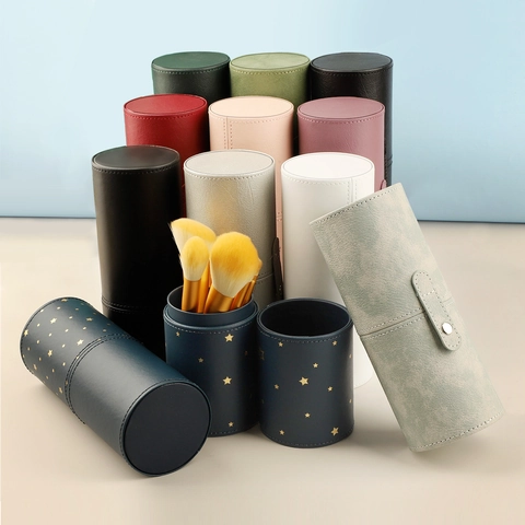 Make-up Borstel Houder PU Leer Draagbaar Stofdicht Cilindrisch Cosmetische Organizer Reis Emmer Koker