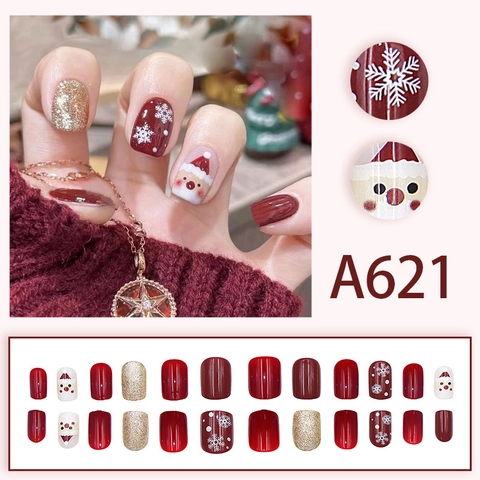 Christmas Press On Nails Red White Snowflake Santa Claus Short Square Detachable Plastic Fake Nails For Women Girls