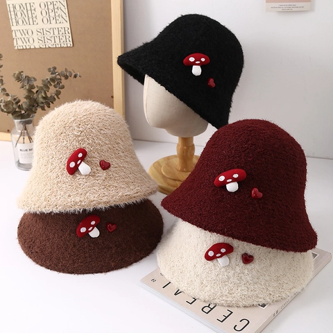 Cute Mushroom Heart Patch Plush Bucket Hat Women Winter Warm Faux Fur Fisherman Cap Windproof