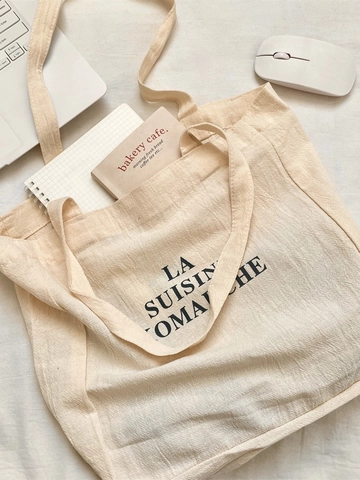 Damen Canvas Tote Bag Große Kapazität Buchstaben Print Französisch Minimalistisch Retro Schultertasche