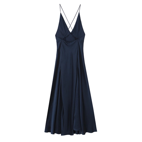 Sexy Satin Maxi Kleid Spaghettiträger V Ausschnitt Rückenfrei Ärmellos Elegant Urlaub Party Clubwear Für Damen