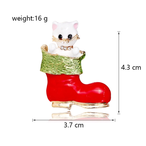 Broche Chat de Noël Dans Une Chaussette Mignon Émail en Alliage de Zinc Pin Orné de Strass Corsage Animal Bijoux de Fête Cadeau Femme Homme