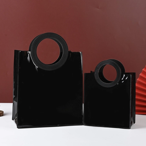 Black Glossy PVC Gift Bag With Round Square Handle Waterproof Shiny Jelly Tote For Wedding Party Favors Shopping