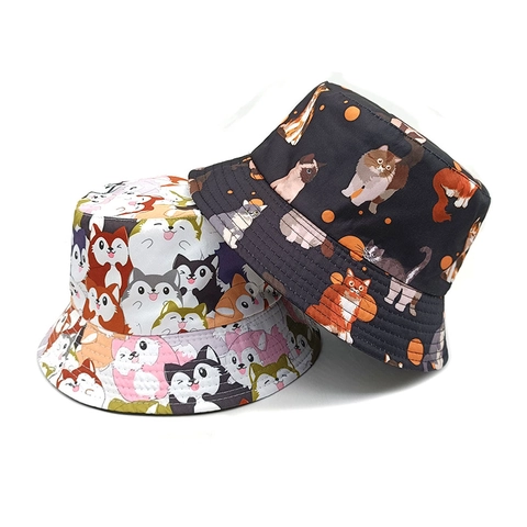 Dames Vissershoed Polyester Cartoon Kat Hond Dierenprint Zonbescherming Omkeerbaar Opvouwbaar Outdoor Casual Vintage Stijl