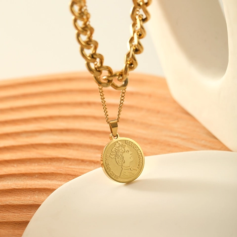 Collana A Strati Acciaio Inossidabile Placcato Oro 18K Catena Grumetta Ciondolo Moneta Ritratto Retro Antico Per Donne