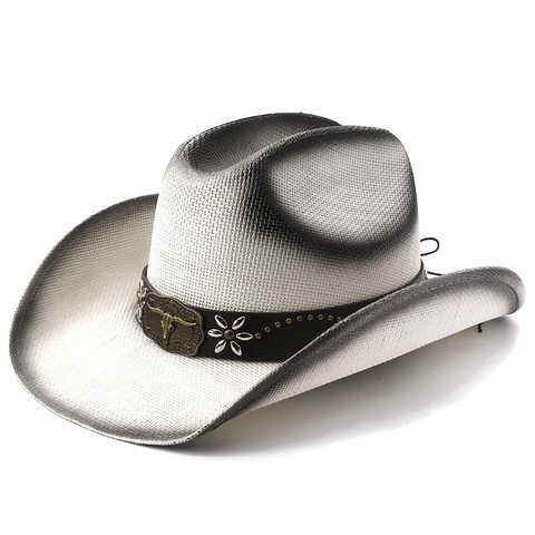 Western Cowboy Straw Hat Wide Brim Sun Protection Paper Straw Hat With Bull Head Leather Band Vintage Style