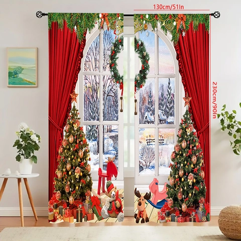 Christmas Window Curtains Polyester Digital Print Santa Claus Snowman Reindeer Snow Scene Blackout Festive Home Decor