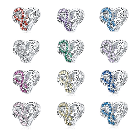 925 Sterling Silver Heart Infinity MOM Charm Bead With Zirconia Birthstone For DIY Bracelet Women Jewelry Mother's Day Gift