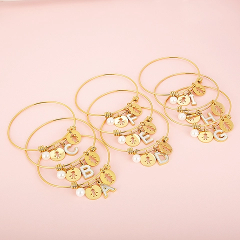 Adjustable Gold Plated Stainless Steel Bangle Bracelet With Initial Letter Artificial Pearl And Hollow Boy Girl Charms