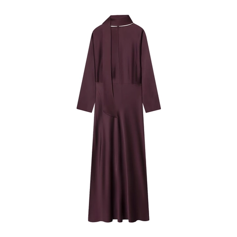 Elegant Satin Maxi Dress Long Sleeve Scarf Tie V Neck Solid Color High Waist Satiny Fabric Party Occasion Women