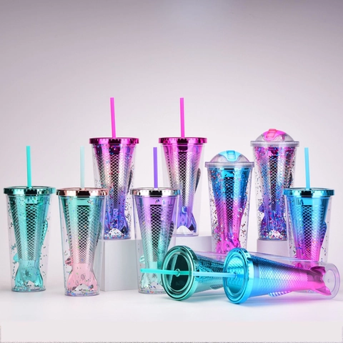 Mermaid Tail Tumbler Double Wall Plastic Gradient Color With Straw And Lid Novelty Sequin Glitter Drinkware Cup