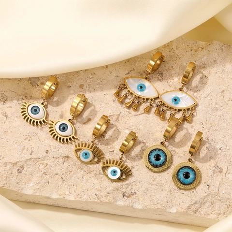 Stainless Steel Evil Eye Hoop Earrings Gold Plated Bohemian Shell Enamel Dangle Earrings Temperament Jewelry For Women