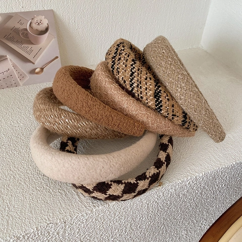 Women Wide Headband Knitted Tweed Houndstooth Padded Thickened High Skull Top Elegant Korean Style Hairband
