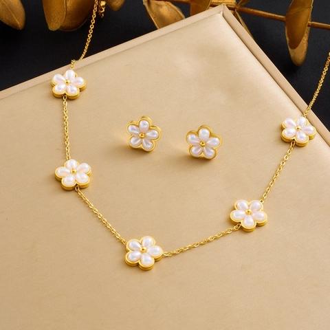 Acero Inoxidable Chapado En Oro Flor Collar Pulsera Pendientes Pétalos Nácar Blanco Joyas Retro Elegantes Para Mujer