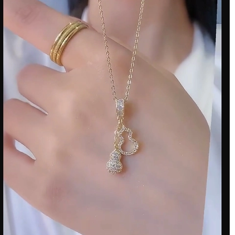 Double Gourd Pendant Necklace Titanium Steel Hollow Pave Rhinestone Elegant Jewelry For Women