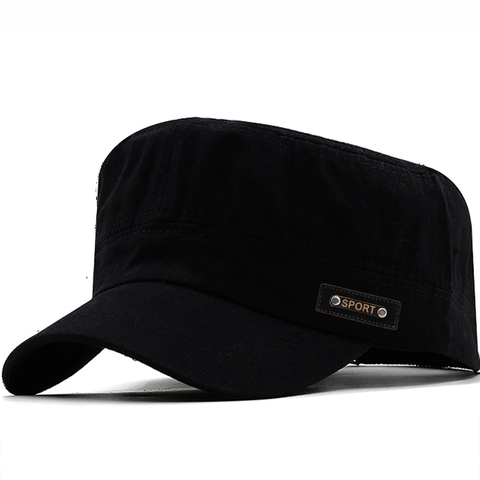 Men Vintage 100 Percent Cotton Cadet Cap Flat Top Military Hat Adjustable Outdoor Sun Protection Breathable Sport Label