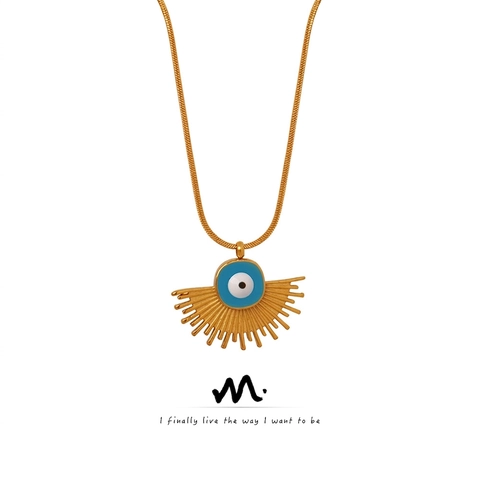 Evil Eye Strahlender Fächer Anhänger Halskette Titanstahl 18K Vergoldet Schlangenkette Retro Schmuck Für Damen