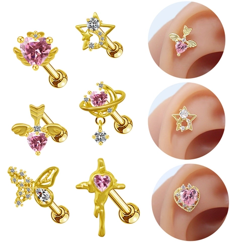 Orecchini Cartilagine Perno Acciaio Inossidabile 316L Rame Farfalla Cuore Rosa Stella Luna Pianeta Zirconia Gioielli Corpo