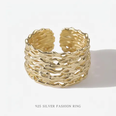 925 Sterling Silver Ring Irregular Texture Adjustable Open Band Minimalist Geometric Jewelry For Women