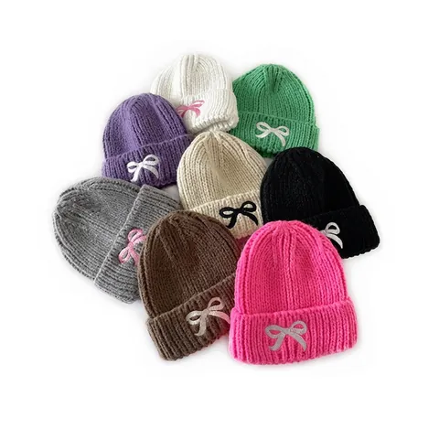 Kids Cute Bow Embroidery Knit Beanie Autumn Winter Warm Polyester Crochet Hat Sweet Candy Color Beanie For Toddler Outdoor