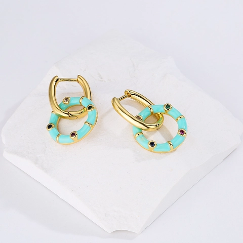 Bohemian Colorful Enamel Hoop Earrings For Women 18K Gold Plated Copper Colorful Zircon Geometric Jewelry Gift