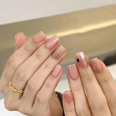 Press On Nails Pink Brown Artificial Pearl Shimmer Artificial Fingernails Short Square Star And Smile Pattern For Women Girls Daily