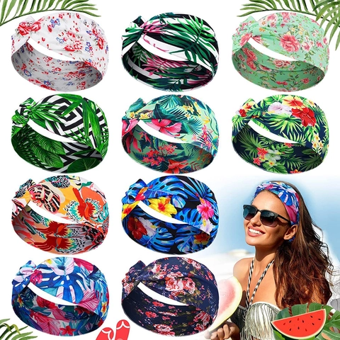 Tropical Floral Knotted Headband Women Elastic Breathable Polyester Spandex Hair Band Bohemian Beach Yoga Workout Accessory