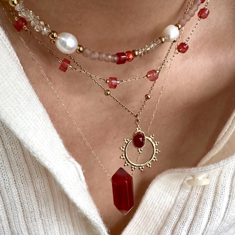 Collana Con Pendente Bohémien Acciaio Inossidabile Placcato Oro 14K Agata Rossa Gemma Perla Artificial Stile Retrò Francese Gioielli