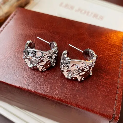 C-Shape Stud Earrings With 925 Sterling Silver Earring Post Irregular Folded Texture Geometric Copper Artistic For Women
