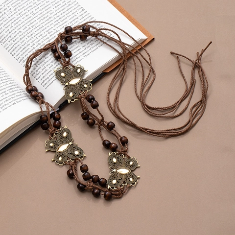 Bohemian Handmade Woven Belt Women Ethnic Waist Rope With Wood Beads Alloy Butterfly Shells Tassels Adjustable Accessory