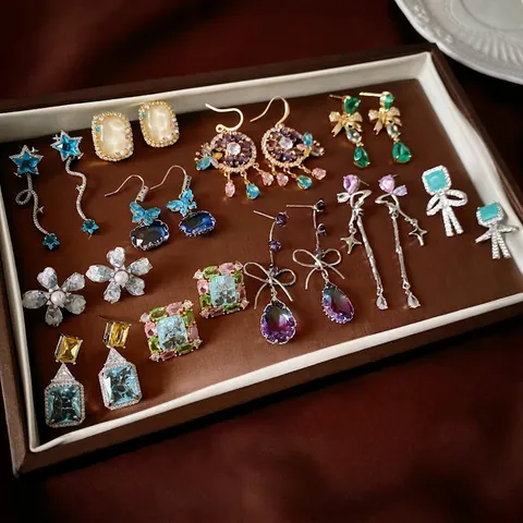 Colorful Zircon Flower Star Butterfly Earrings With 925 Sterling Silver Earring Post Alloy Tassel Dangle Studs For Women