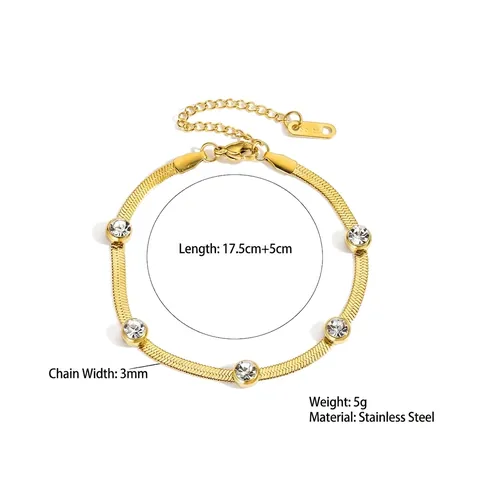 Edelstahl Fischgrätenkette Armband Damen Elegant Rund Zirkonia Inlay Verstellbar Minimalist Mode Schmuck