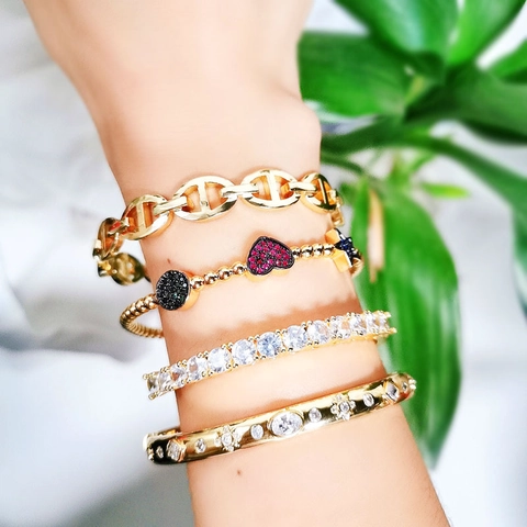 Vintage Copper 18K Gold Plated Bangle For Women Heart Star Cubic Zirconia Pave Anchor Chain Open Cuff Bracelet Jewelry