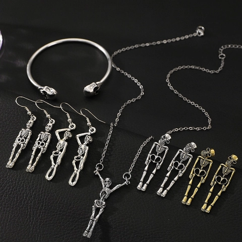 Gothic Skull Skeleton Earrings Necklace Bracelet Ring Alloy With Stainless Steel Earring Post Halloween Punk Jewelry