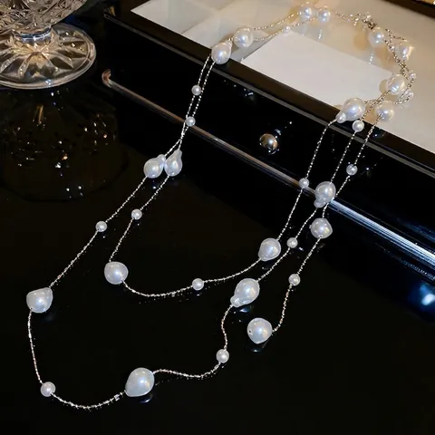 Collana Di Künstliche Perle A Più Strati Da Donna Künstliche Perle Finte Barocche Irregolari Catena Lunga Per Maglione Lega Tono Argento Design Elegante