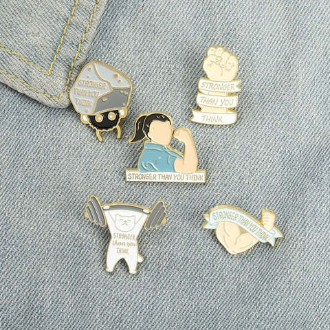 Pines De Esmalte Motivadores Stronger Than You Think Broches De Aleación Para Mochilas Solapa Dibujos Animados Fitness Gato Brazo Músculo Joyas