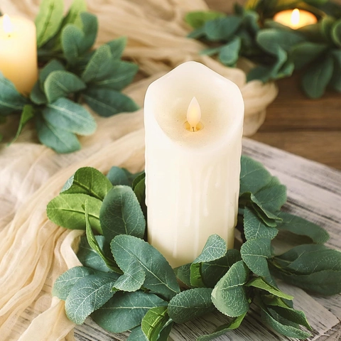 Artificial Eucalyptus Wreath Candle Ring Realistic Plastic Greenery Garland White Flowers For Wedding Table Home Decor