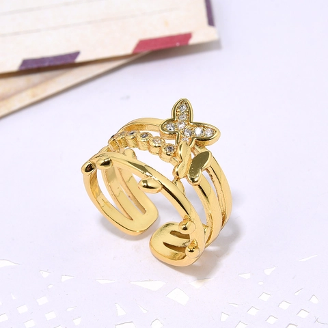 Anello Aperto Regolabile Rame Zircone Farfalla Foglia Goccia Acqua Rossa Placcato Oro Gioielli Di Moda Per Donne Dolce