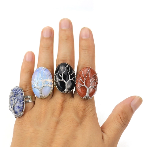 Lebensbaum Ring Handgefertigt Drahtumwickelt Oval Kristall Edelstein Verstellbar Böhmischer Retro Schmuck Damen