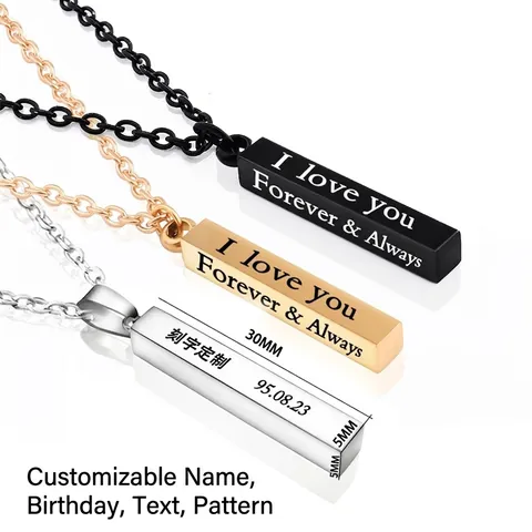 Stainless Steel Rectangle Bar Pendant Necklace Engraved I Love You Forever Always Vertical Pillar Jewelry For Couples