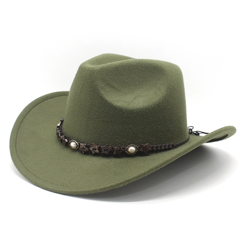 Western Cowboy Hat Wide Brim Polyester Felt Fedora With Ethnic Band Artificial Pearl Wooden Star Decor Vintage For Men Women