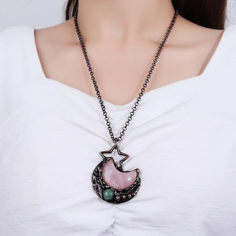 Vintage Star Moon Pendant Necklace Handmade Copper Rose Quartz Green Aventurine Bohemian Ethnic Jewelry Women