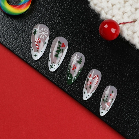 Christmas Press On Nails Snowflake Candy Cane Christmas Tree Pattern French Style Artificial Fingernails For Women Holiday Party Decoration