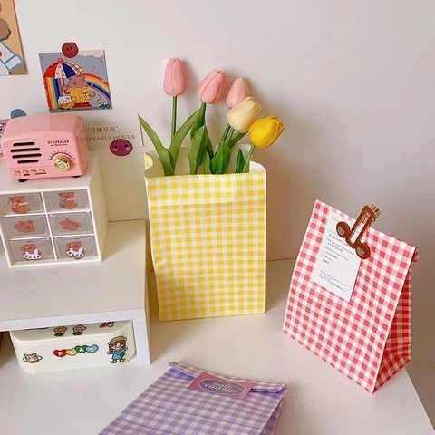 Gingham Kraft Paper Bags Multi Color Checkered Gift Wrapping Pouches With Serrated Edge Aesthetic Ins Style Storage