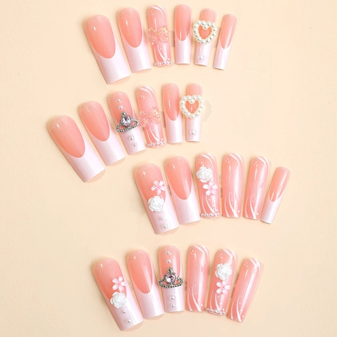 Unghie Finte Lunghe Quadrate French Marmo Rosa Bianco Con Farfalla 3D Fiocco Fiore Perla Artificial Strass Cuore Manicure Elegante Per Donne