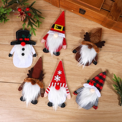 Christmas Gnome Cutlery Pouches Nonwoven Felt Faux Fur Nordic Gonk Table Party Decor Plaid Snowflake Deer Antler Ornaments