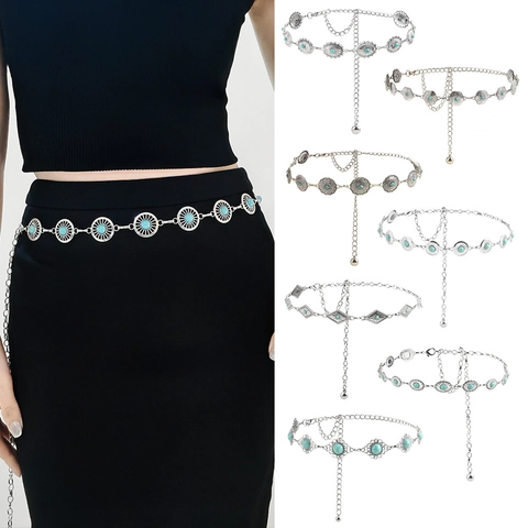 Bohemian Vintage Alloy Turquoise Waist Chain Women Retro Ethnic Hollow Floral Metal Belt Chain Adjustable Body Jewelry
