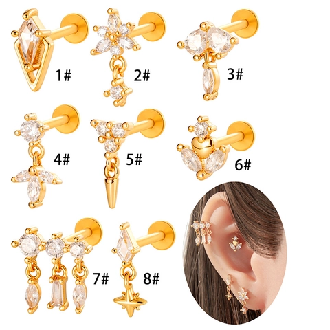 Internal Threaded Labret Lip Studs Titanium Bar Copper Zircon Star Flower Heart Cartilage Piercing Jewelry